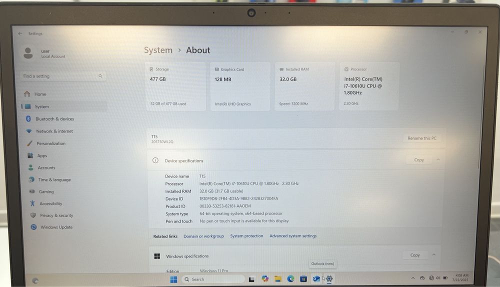 Lenovo ThinkPad T15 G1 i7-10610U 32GB RAM DDR4 512GB SSD M.2 Garantie