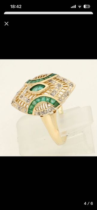 Inel aur galben 14 ct cu smaralde si diamante