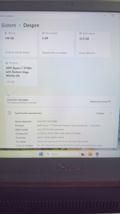 Laptop gaming HIGH-END ASUS TUF FX505DU: RYZEN 7, 32GB RAM, GTX 1660TI