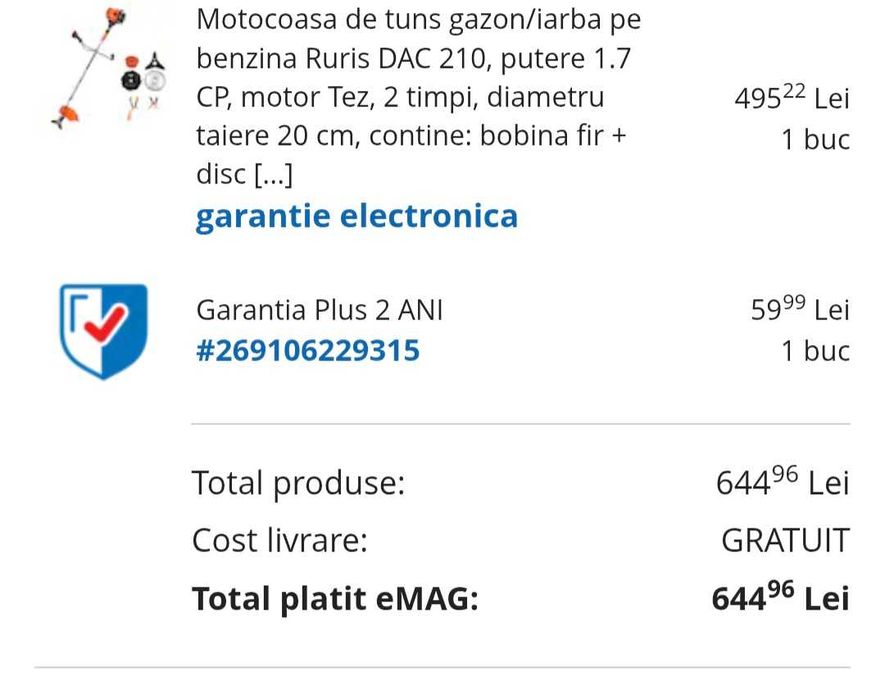 Motocoasa de tuns gazon/iarba pe benzina Ruris DAC 210, putere 1.7 CP, motor Tez, 2 timpi