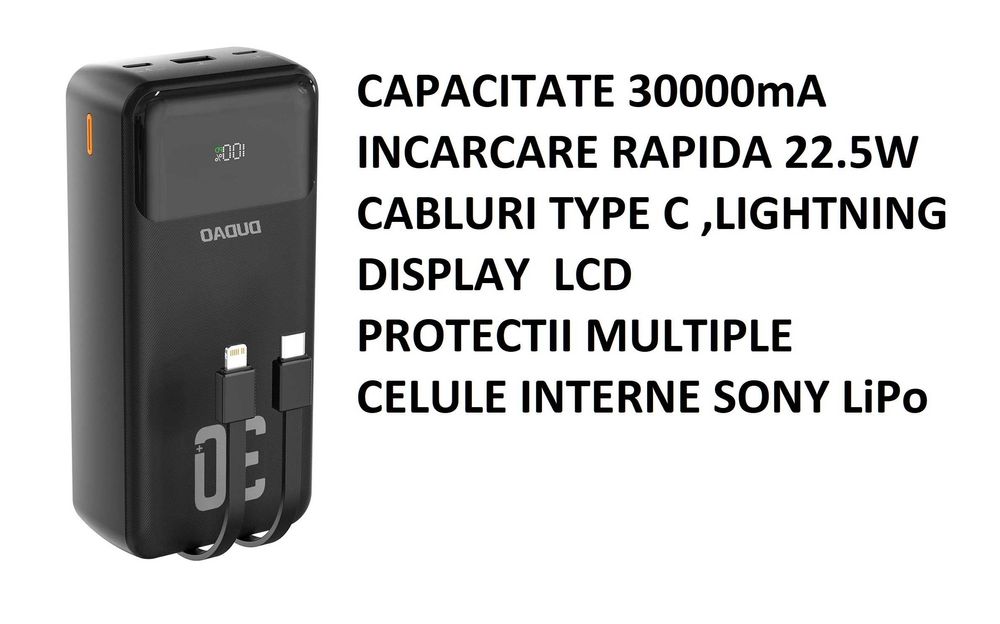 Baterie externa 30000mA powerbank superfast charge cu display ,cabluri