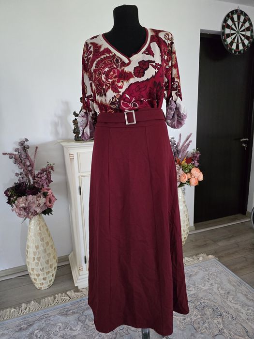 Fusta maxi burgundy, superba, curea proprie in talie