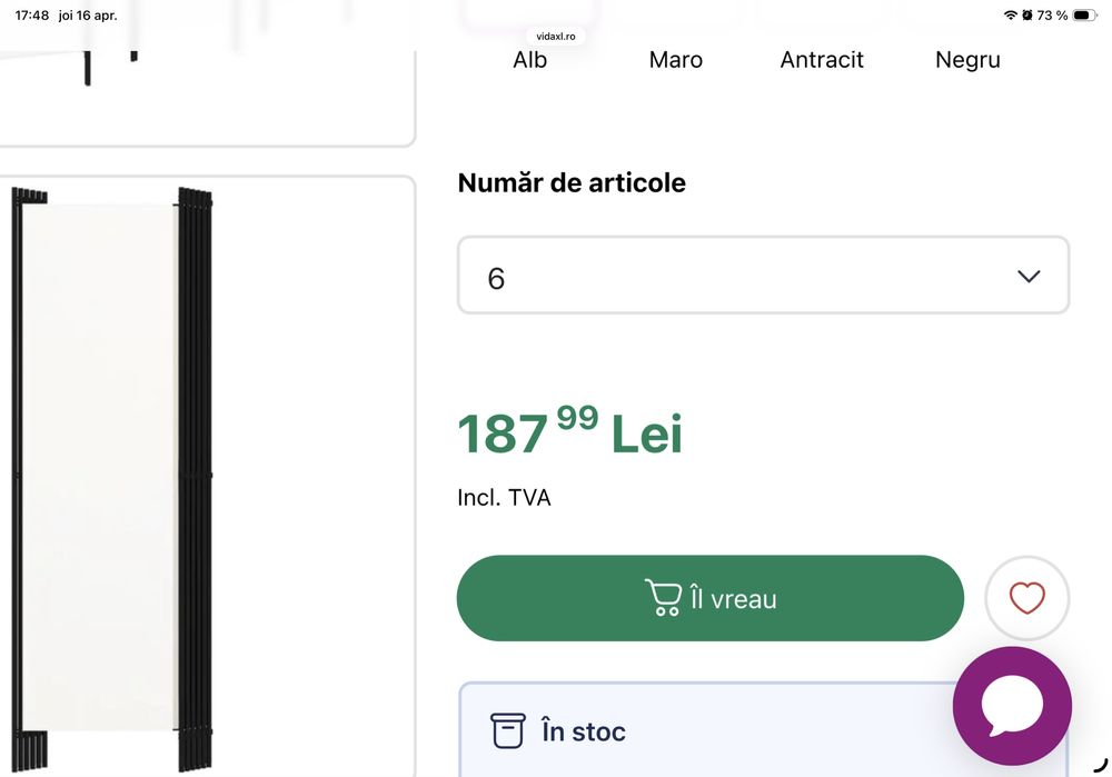 Paravan pliabil 6 panouri – 300 x 180 cm (separator cameră) DOAR predare personală în Constanța