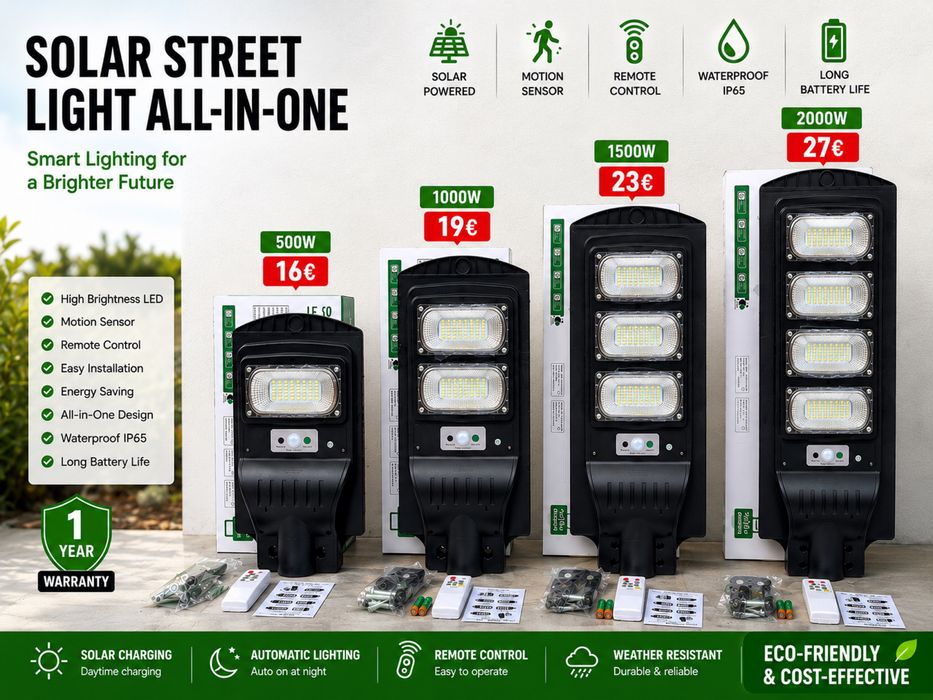 Соларна LED улична лампа 500W ,1000W,1500W,2000W– мощно и икономично осветление