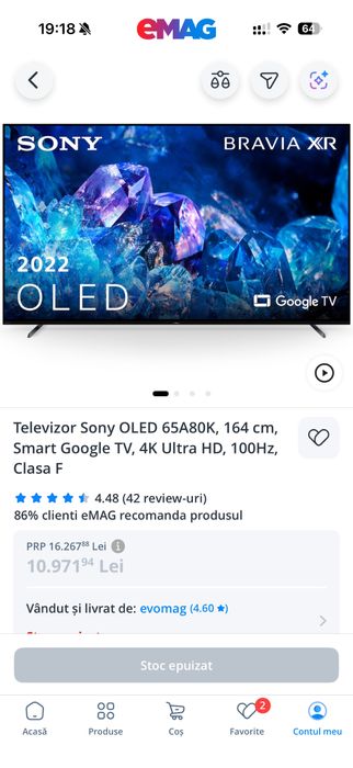Televizor Sony OLED 65A80K  164 cm smart google tv 4k