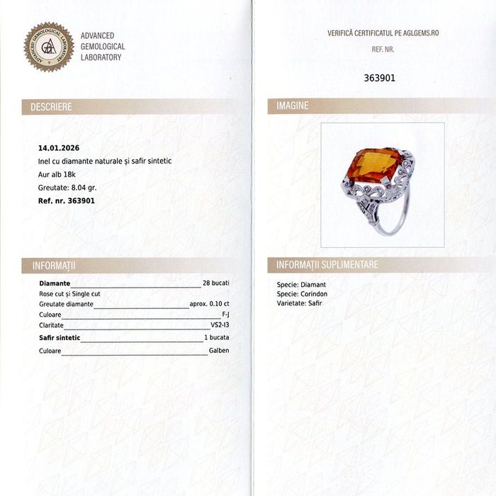 inel Belle Epoque, aur 18k, safir galben labgrown, diamante, certif