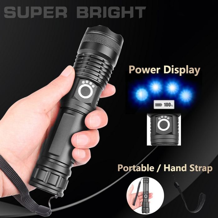 XHP50 LED фенер, алуминий, черен, 20W, презареждаем с USB комплект с