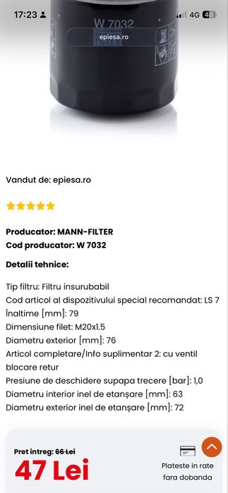 Filtru Ulei Mann Dacia Renault Nissan Mercedes ORIGINAL W7032