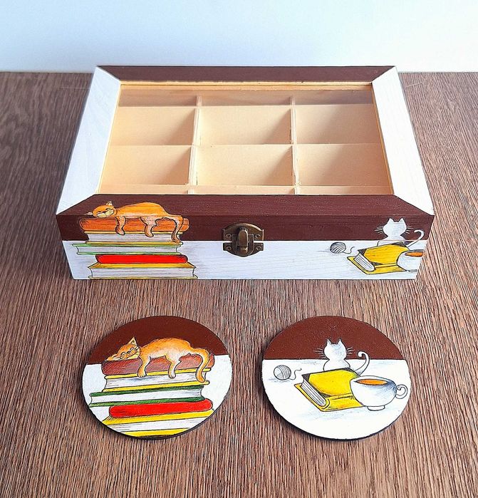 Ръчно рисувана дървена кутия за чай с очарователен мотив на котка