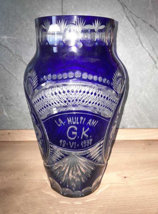 Lot 3 vaza fructiera cristal albastru Bohemia Sticla Turda