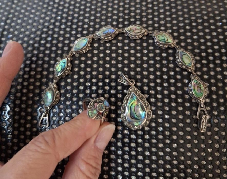 Set, brățară, pandantiv și inel - argint 925 cu abalone și marcasite