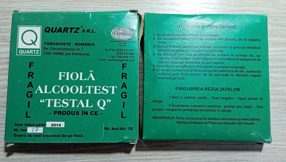Fiolă alcooltest Testal Q – lot de 14 fiole, nefolosite