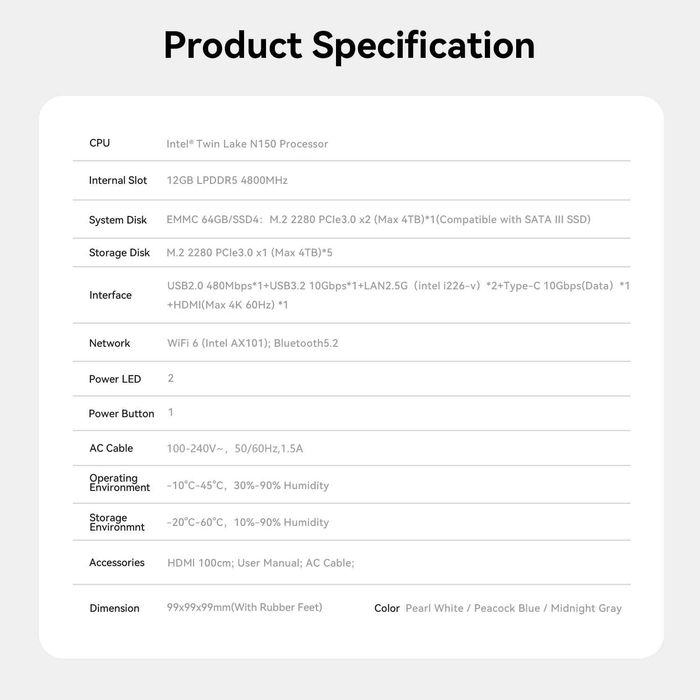 Сетевое хранилище (NAS)/ Мини ПК Beelink ME mini Home Storage,N150,2tb