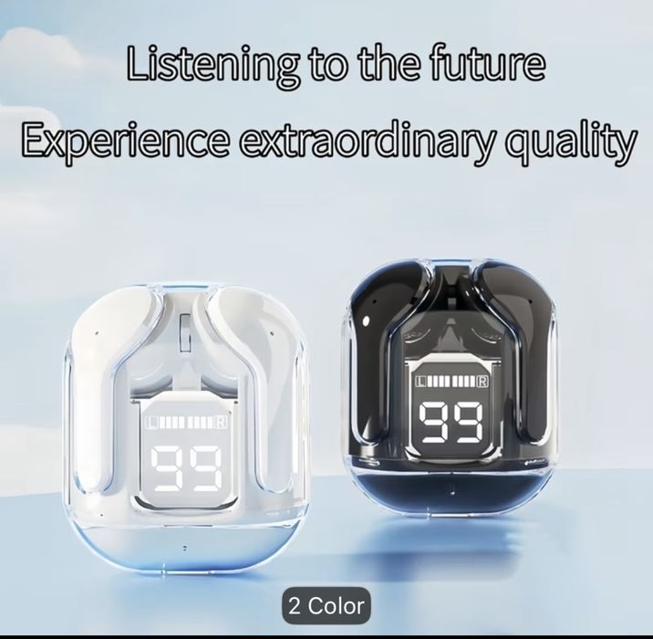 Căști wireless transparente, stil AirPods, afișaj LED, USB-C