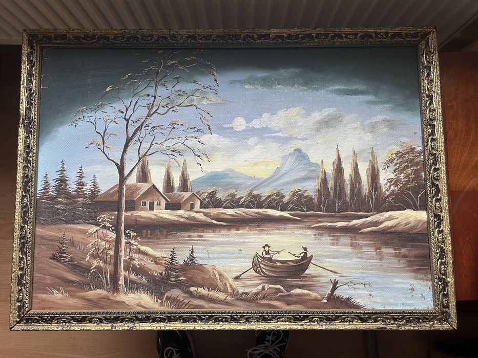 Tablou pictat pe pânză – Peisaj rustic cu lac și pescari