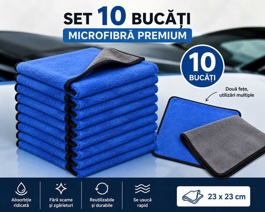 Set 10 Lavete Microfibră Premium 23×23 cm – Detailing Auto