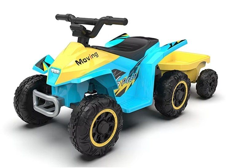 Atv electric cu remorca Nichiduta Mooving Speed Blue/Yellow, roti rezistente, remorca detasabila, acumulator 6V4.5Ah, motor 35w, suport picioare
