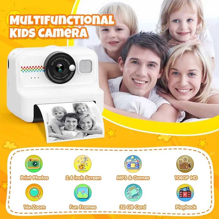 детски фотоапарат за моментален печат HiMont 1080P HD (3 ролки хартия + 32GB карта) Бял или лилаво
