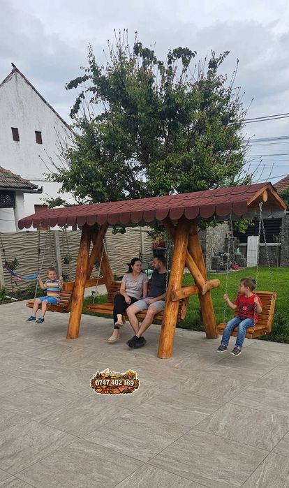 Balansoar  rustic cu 2 leagăne  pentru copii   set masa lemn