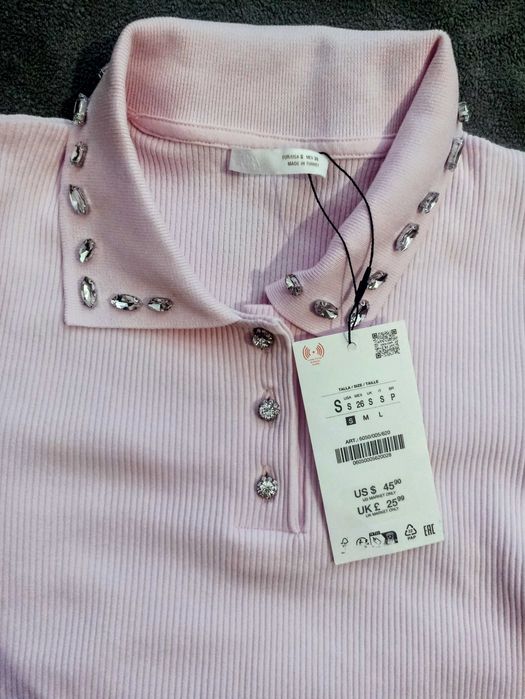 Тениска рипс, розова с камъни Zara, размер S