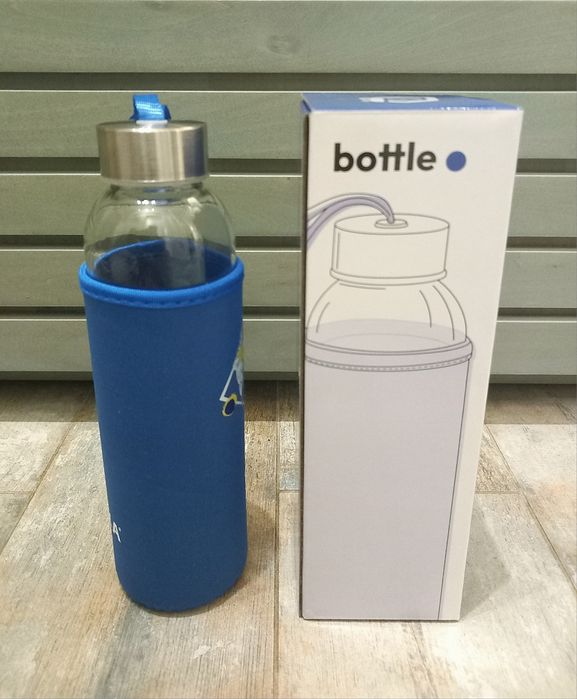 Стъклена бутилка за вода, 500 мл, защитен капак и неопреново покритие