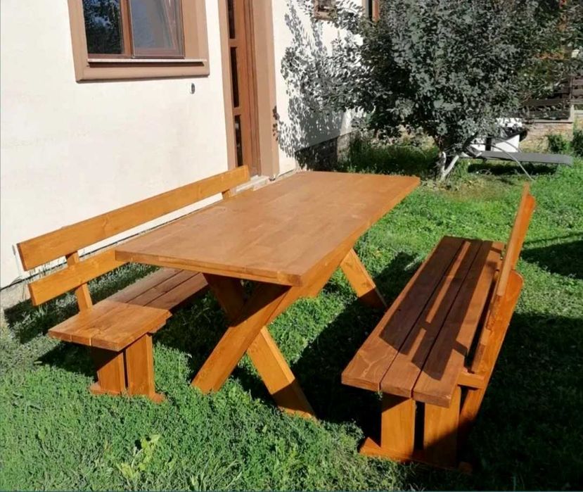 Set mobilier gradina masa și bănci lemn masiv, nuanță stejar 2 m lungime
