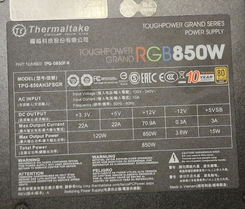 Sursa Thermaltake Toughpower Grand RGB, 80+ Gold, 850W -  TPG-0850F-R