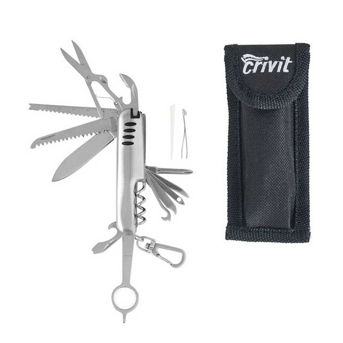 Briceag multifuncțional din otel inoxidabil, cu husa, cuțit, nou, sigilat, realizat in Germania