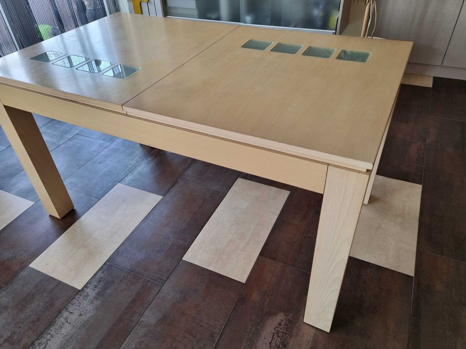 Разтегателна трапезна маса МДФ+стъкло 80/140(180)/75, цвят парен бук