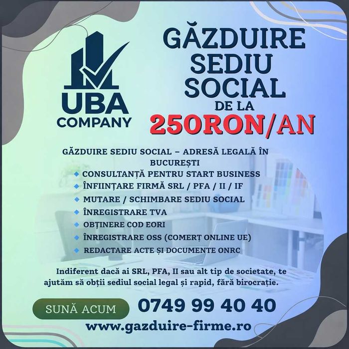 De la 250 RON/an Gazduire Sediu Social, Redactare Acte  Firma