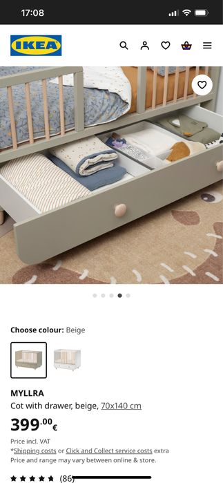 Pat bebe din lemn masiv cu sertar si saltea inclusa 70x140 cm