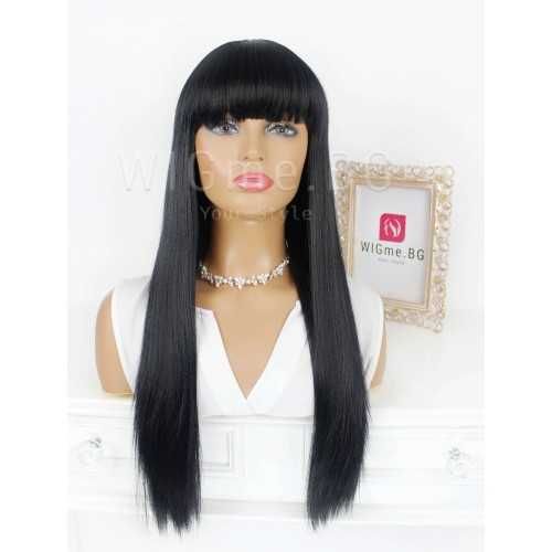 Дълга права черна перука с бретон Амбър