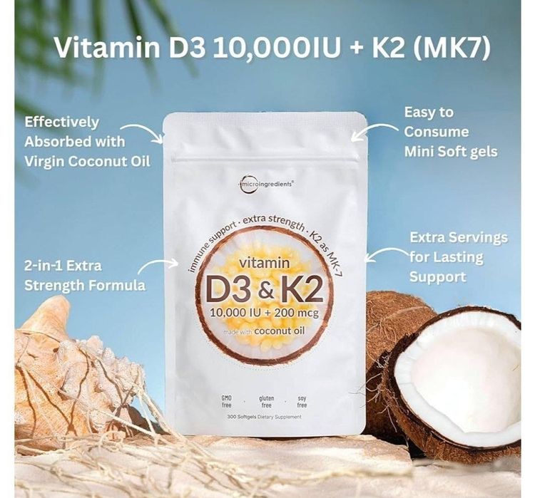 Vitamin d3 k2, vitamin d3, д3 к2, 300 softgel, 10000 IU 200 mcg