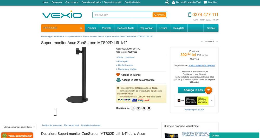 Vand 2 monitoare Asus MB166C ZenScreen, IPS, 15.6", 1920x1080, 5ms, USB, 60Hz + 2 suporti monitoare