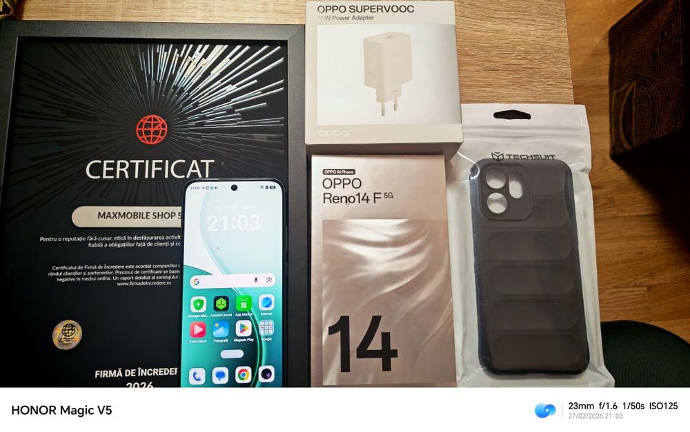 Oppo Reno 14F -5G Louminous Green / 256 GB Pachet încarcator și husa