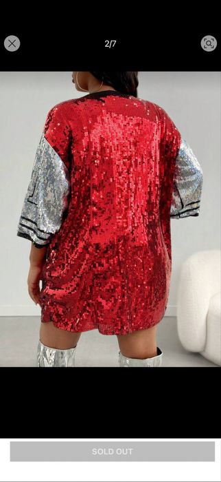 Рокля тип тениска, туника с пайети, червена, сива, парти, блестяща