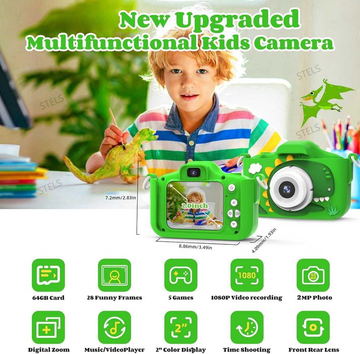 Детски фотоапарат STELS X350, 64GB карта, Селфи, Full HD, Игри