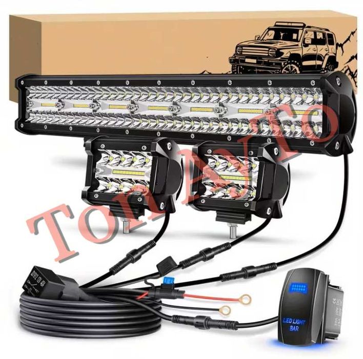 Комплект Лед Бар 20" 380W 52см +  2бр Халогени 4" 10см 60W + Окабеляване + Копче 12/24V за Кола АТВ Трактор Снегорин Моторна Шейна Бъги Мотокар Багер