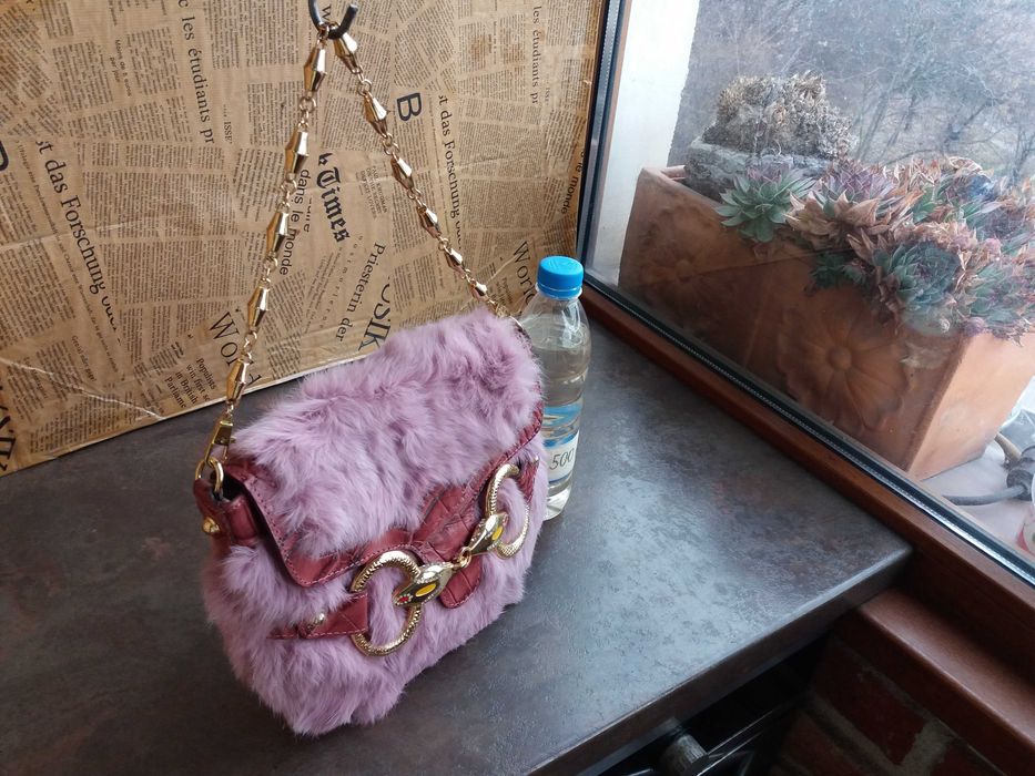 дамска чанта,розова малка кожена торба-естествена кожа,косъм