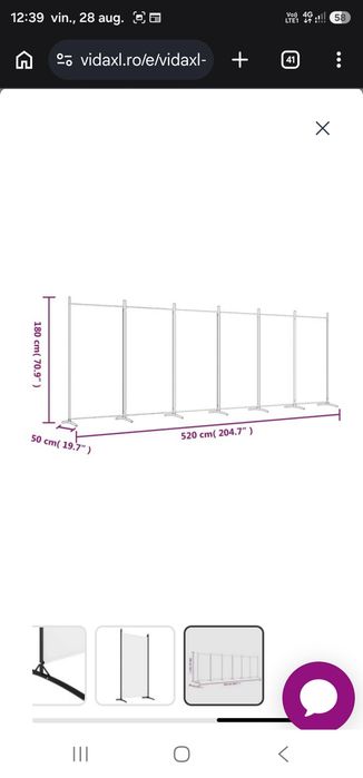 Paravan cameră cu 6 panouri, alb, 520x180 cm, textil