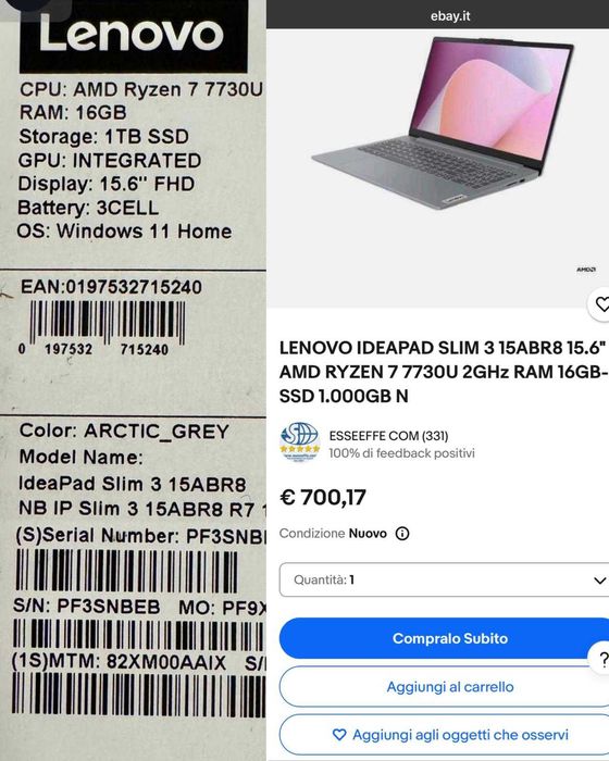 Nou, Neactivat ! Laptop Lenovo IdeaPad Slim 3 15ABR8 – 15.6” FHD – Ryzen 7  7730U  / 16GB / 1TB SSD