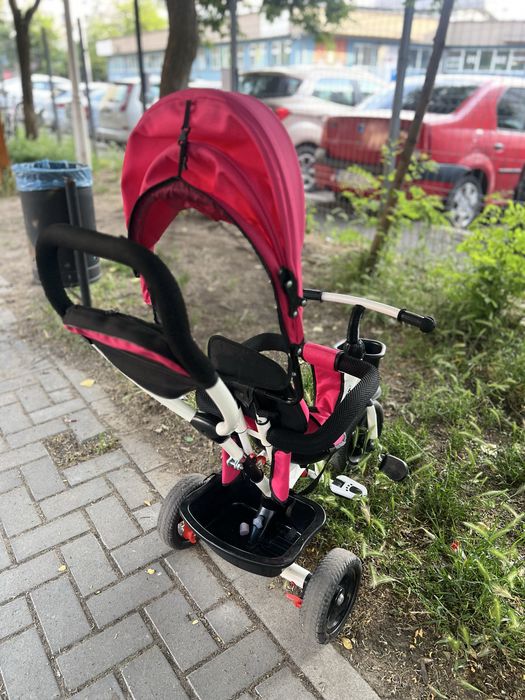 Tricicletă roz mâner de împingere, gentuță și coș