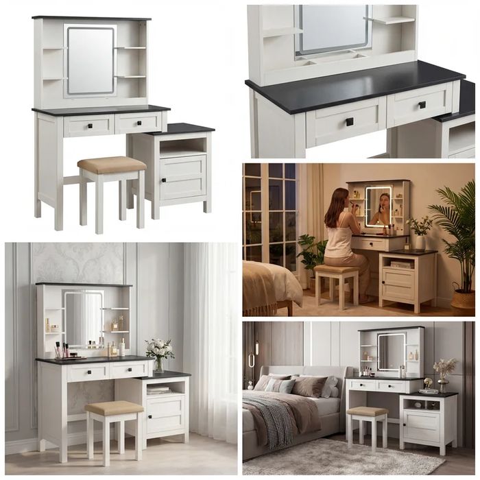 Стилна Тоалетка за Гримиране с LED Осветление и Допълнителен Шкаф