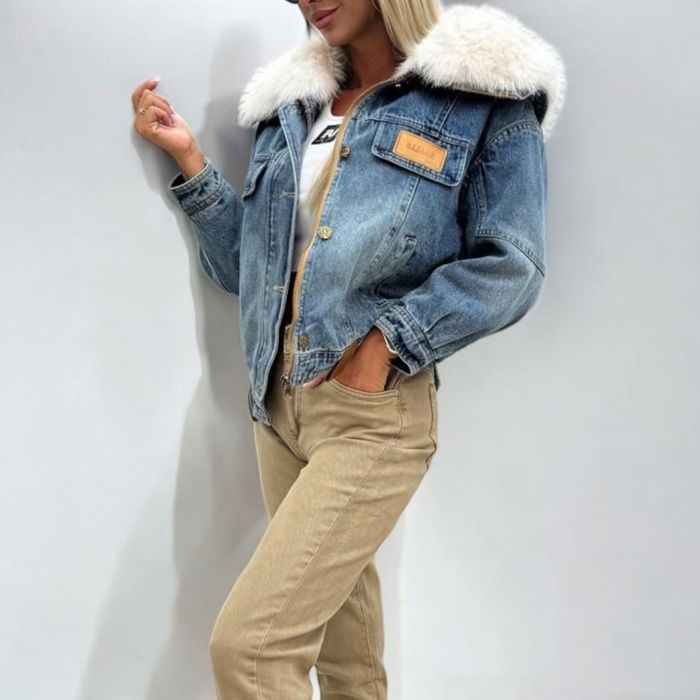 Дамско дънково яке с пух