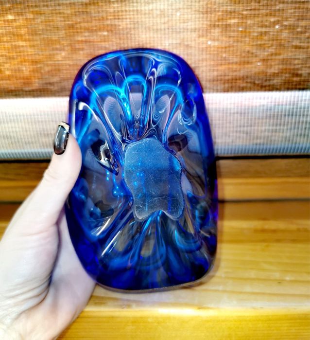 Антикварна Мурано кристална купа пепелник кобалтово синя ръчно правена