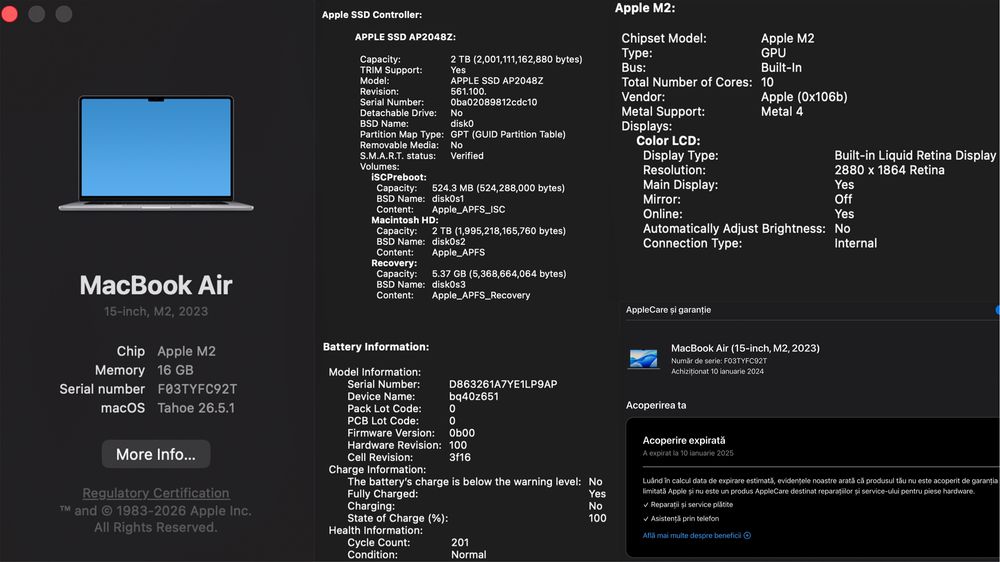 Macbook Air 15 inch, 16GB, 2TB