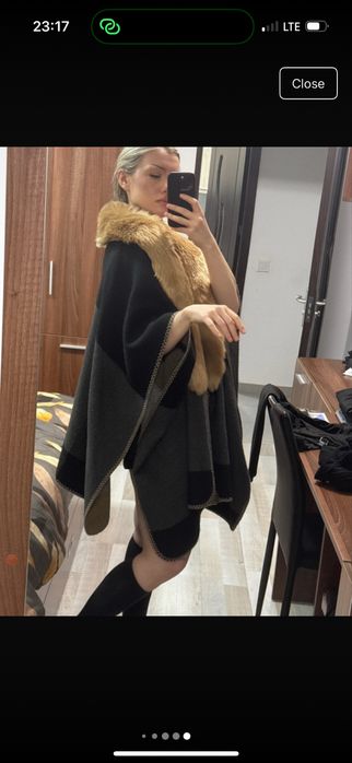 Poncho capa din lana cu guler de blana