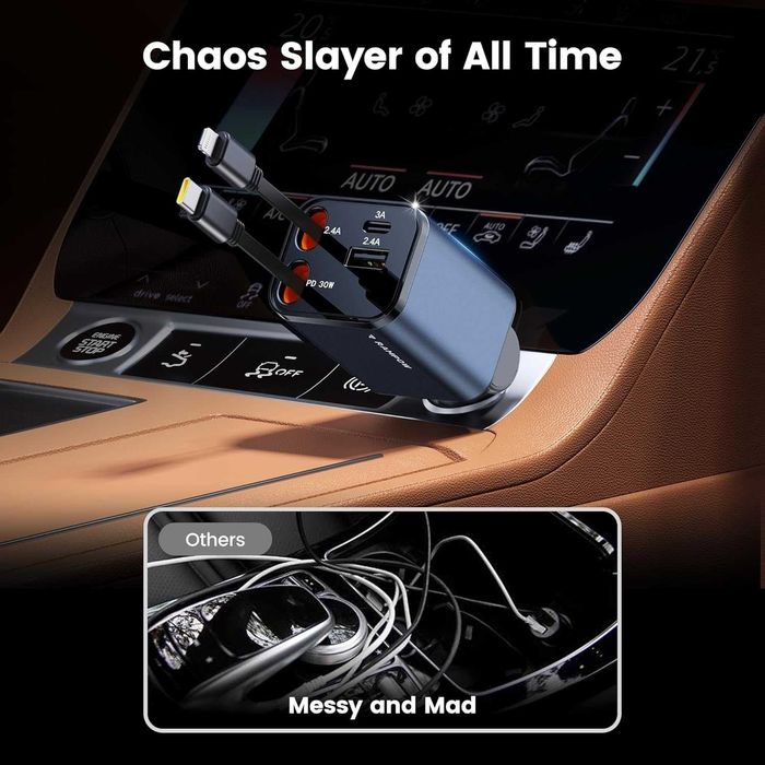 Încărcător auto 65W 4 în 1 cu cabluri retractabile Rampow