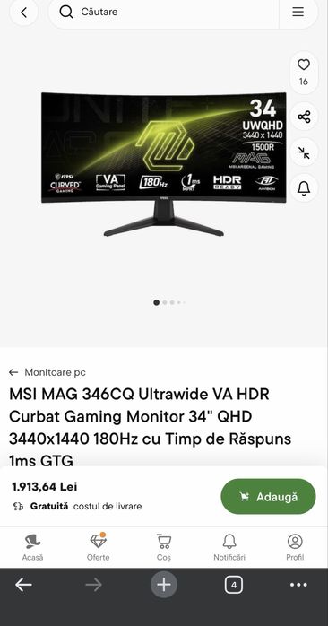 Vand monitor MSI MAG 346CQ 34-Inch