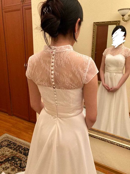 Элегантное свадебное платье (Атлас + Кружево) со шлейфом